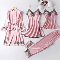 4PCS Satin Sleepwear Lady Pajamas Suit NightyRobe Set Sexy