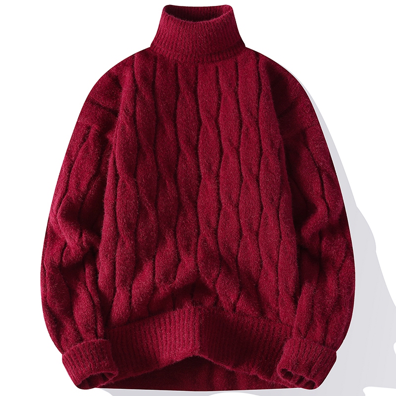 Burgundy Hand-Knitted Twisted Cable Knit Turtleneck Sweater for Men, Thickened and Warm Base Layer for Autumn and Winter