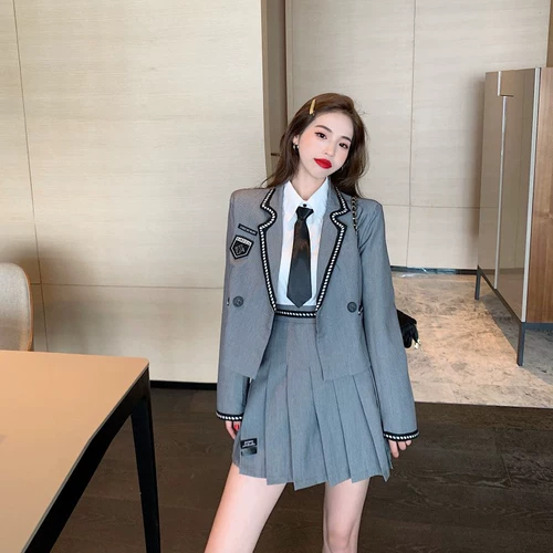 Черная студенческая юбка в складку, костюм, комплект, полный комплект, плиссированная юбка, в западном стиле