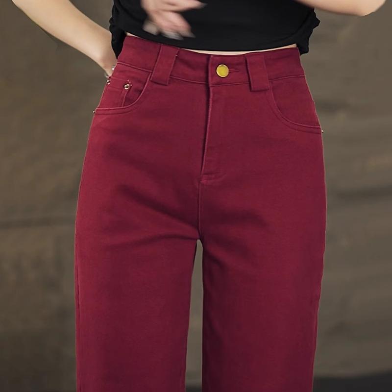 High-End Spring and Autumn New Style Burgundy Pure Cotton Cropped Jeans for Women, Slim Wide-Leg Trousers, High-Waisted Wrinkle-Free Straight-Leg Pants