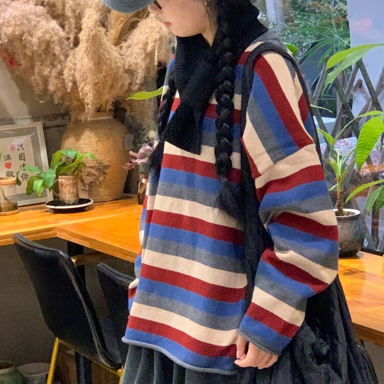 【Zhao Haha】Colorful Striped Crew Neck Knit Sweater, Versatile for Autumn and Winter, Lazy Style, Rolled Edge Sweater, Japanese Style, Loose Fit 【Zhao Haha】Colorful Striped Crew Neck Knit Sweater, Versatile for Autumn and Winter, Lazy Style, Rolled Edge Sweater, Japanese Style, Loose Fit