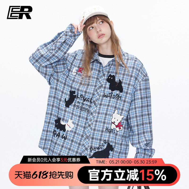 Er Cute Puppy Embroidered Plaid Long-Sleeved Shirt 2026 Spring and Summer Retro Casual Loose Couple Wear Work Clothing Jacket