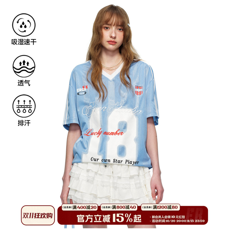 [Moisture-Wicking, Breathable, Quick-Drying] Er Sports Style No. 18 Jersey Short-Sleeve T-Shirt Summer American Campus Color-Block Striped V-Neck