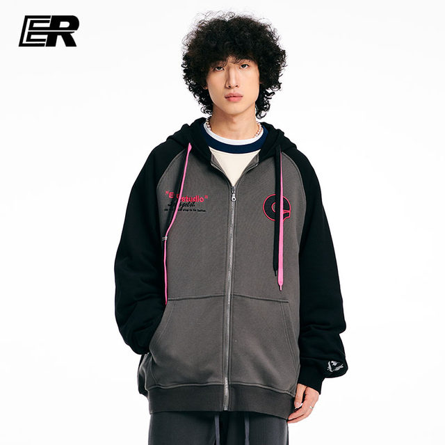 ER contrasting color splicing cardigan hooded sweatshirt men's spring couple wear trendy brand loose jacket