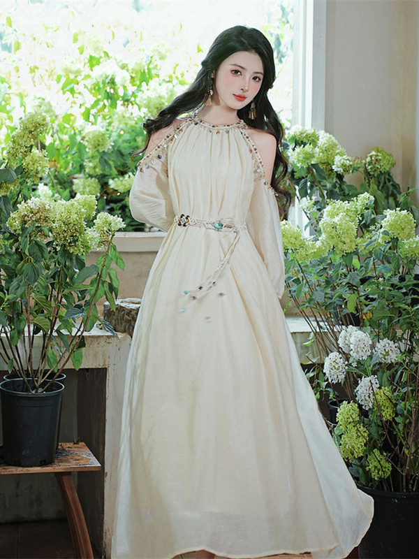 Bohemian Ethnic Style Seaside Vacation Dress for Women, Tea Break French Style Xinjiang Travel Outfit, Elegant Long Dress