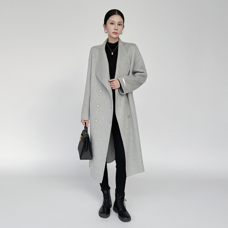 Jiacimei Gray Cashmere Double-Sided Woolen Coat, Simple Style, Slim Fit, Elegant Mid-Length Woolen Coat for Women in Autumn and Winter