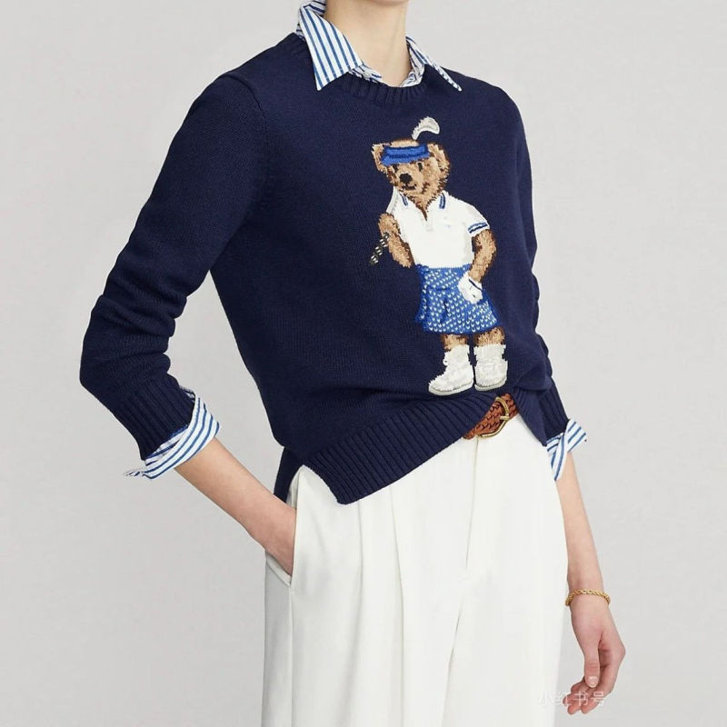 Heavy Craftsmanship! Autumn and Winter Women's Cartoon Golf Bear Handmade Jacquard Pure Cotton Crew Neck Knit Sweater