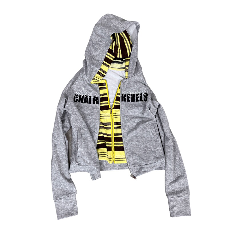 [Same Style as Park Yu-Bin] Chai (Detachable) Star Logo Color-Blocked Striped Faux Two-Piece Slim-Fit Hooded Zip-Up Sweatshirt
