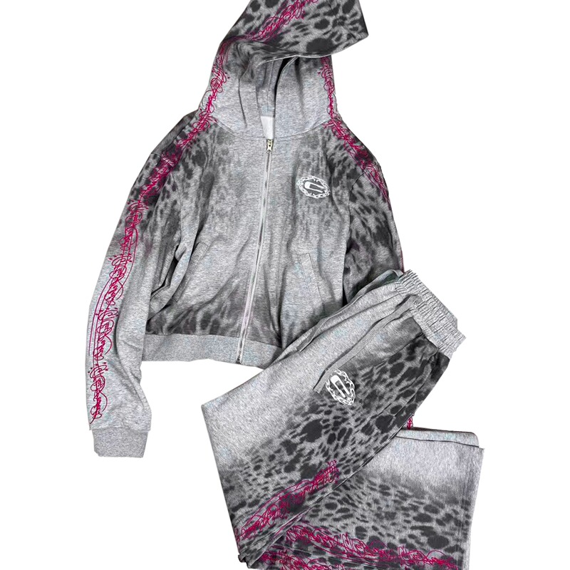 Chai (Disassembled) C-Label Leopard Print Direct-Print Star Label Embroidered Print Gray Loose Cotton Sports Suit Chai (Disassembled) C-Label Leopard Print Direct-Print Star Label Embroidered Print Gray Loose Cotton Sports Suit