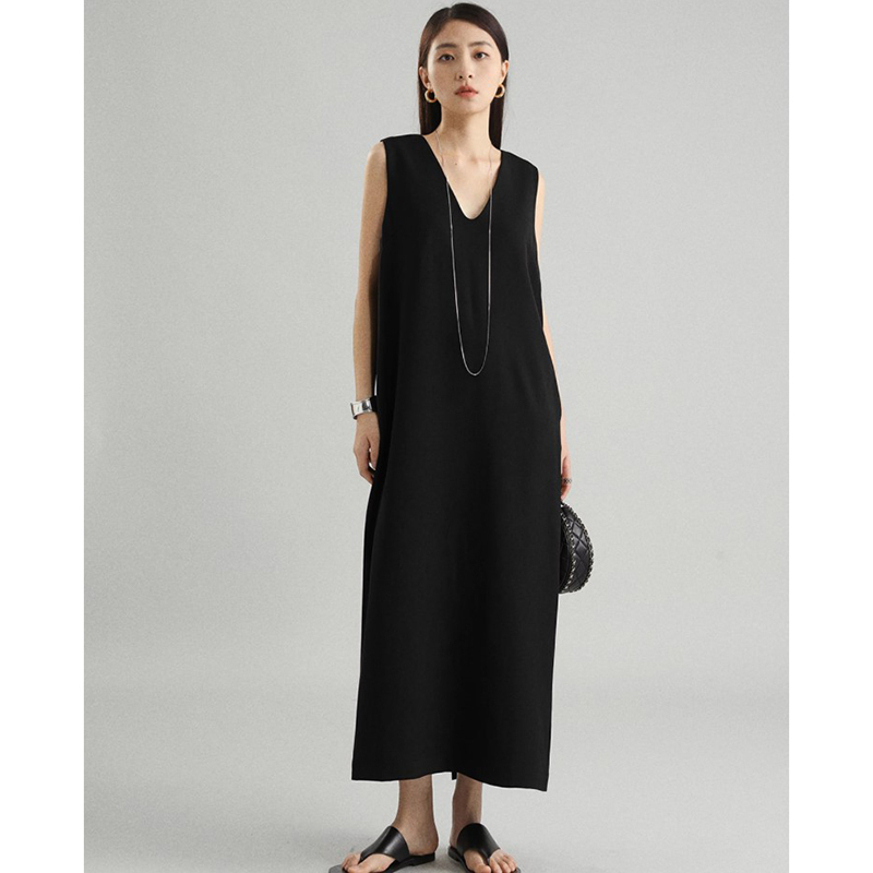 2026 Summer New Imported Linen-Style Minimalist Sleeveless V-Neck Loose Straight-Cut Elegant Slit Dress