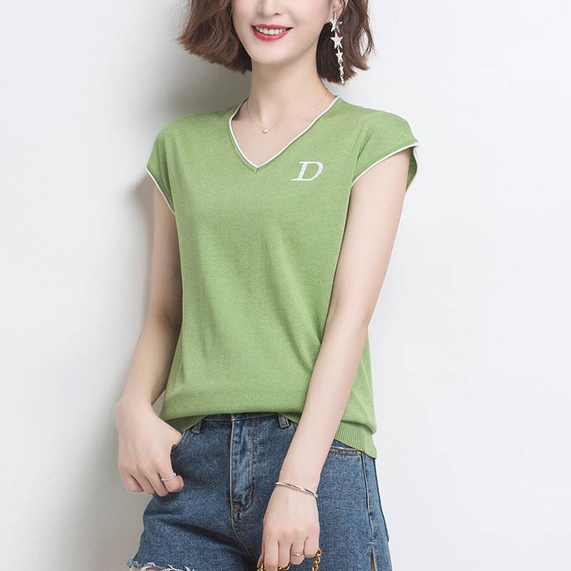 v-cổ phụ nữ băng knitsweater của ngắn mỡ vi chất béo đầu mùa hè lỏng mỏng t-shirt ngắn tay với váy t-shirt