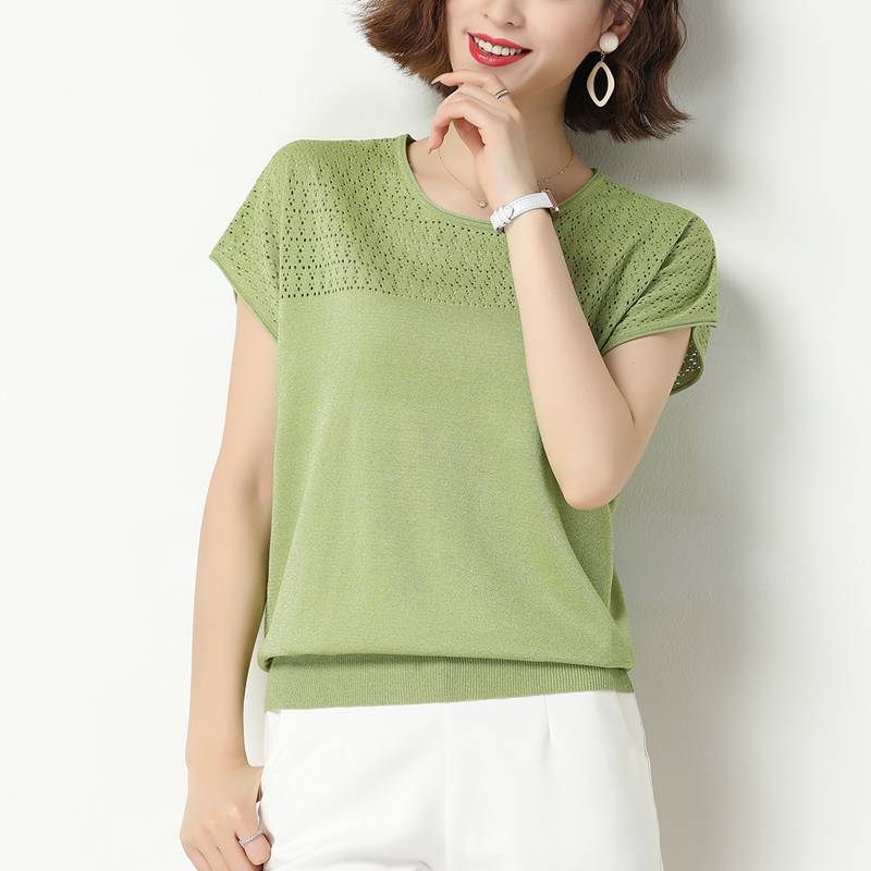 Ngắn tay áo thun nữ ngắn cắt băng lụa knitsweater mùa hè 2020 mới sáng lụa T 桖 loose-fitting đầu mỏng