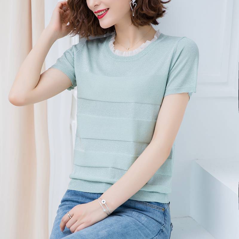 Ice-lụa ngắn thời trang mini-áo mùa hè mỏng ren quanh cổ phụ nữ knitsweater với váy kiểu sưng lên đầu