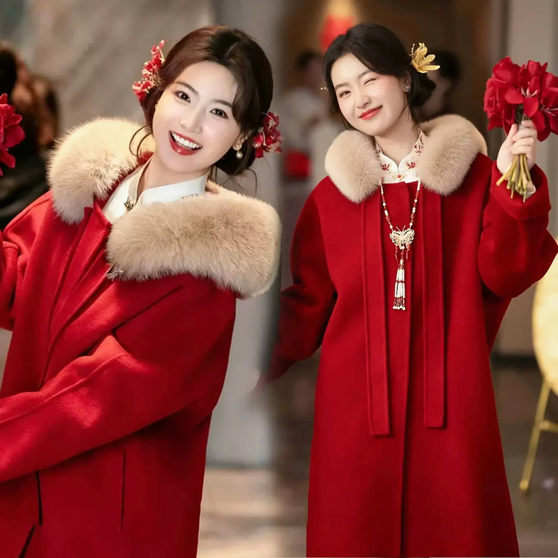 Red Double-Sided Woolen Coat for Women with Large Fur Collar, Hooded, Mid-Length, Autumn and Winter Wedding Toast Dress, New Year Coat