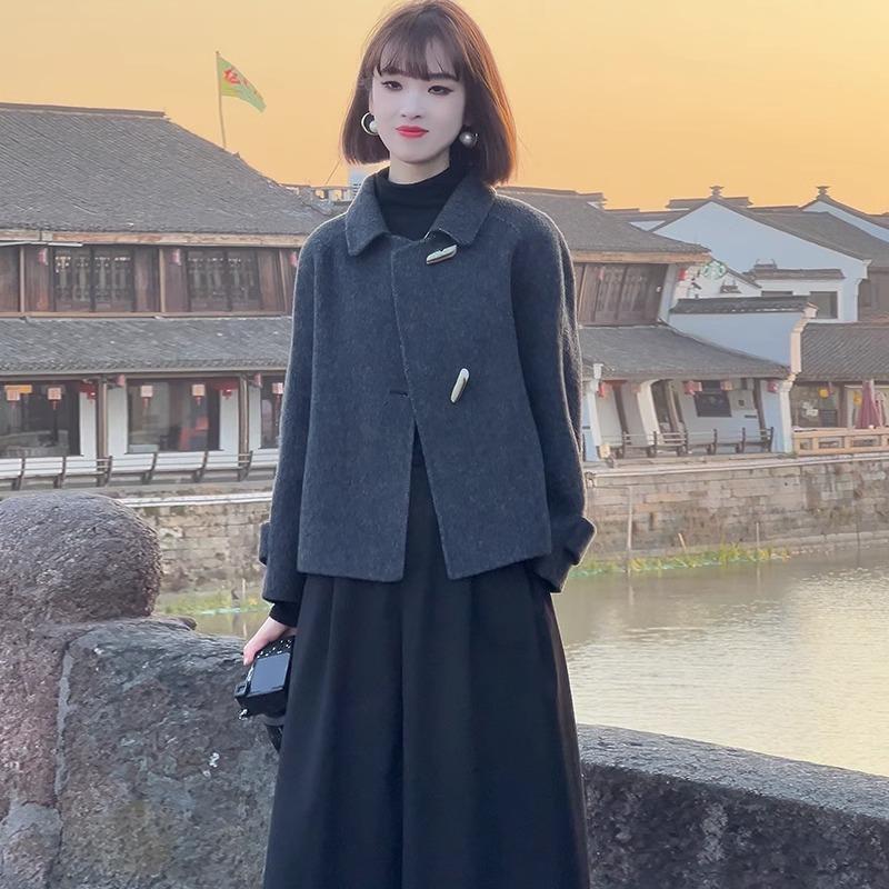 Double-Sided Cashmere Coat for Women 2025 Autumn and Winter New Style Lapel Elegant Short Woolen Coat for Petite Figures Gray