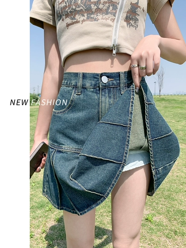 Летняя джинсовая юбка, ретро юбка в складку, высокая талия, А-силуэт
