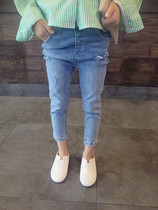 Foreign trade Korean childrens clothing 19 autumn wear thin wild wash water Blue Girl basic small foot jeans trousers