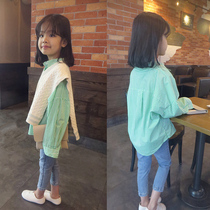 Foreign trade Korean childrens clothing 19 autumn hipster green stripes front and back irregular female cotton girl shirt shirt