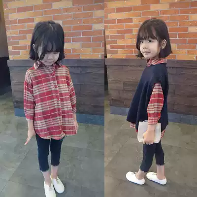 Foreign trade Korean children's clothing 21 autumn and winter British temperament doll Collar Cotton girl long plaid shirt skirt