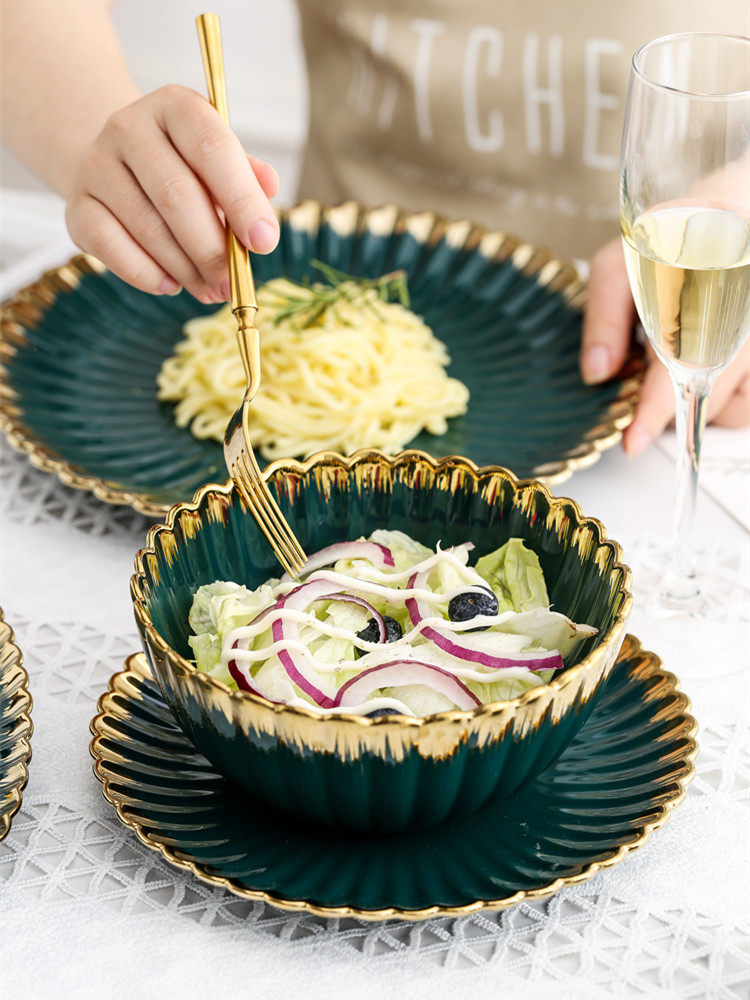 Nordic light luxury Emerald gilt tableware sand bowl plate small exquisite household multi-person ceramic net red tableware
