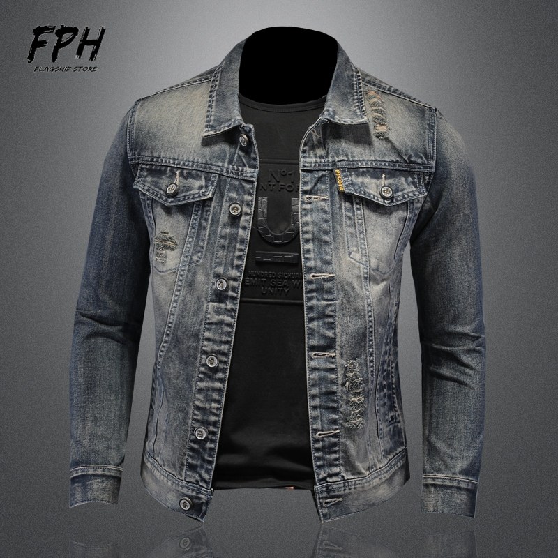 Fried arcade motorcycle denim jacket men's Korean version of the trend Spring and Autumn Europe and the United States casual plus size men denim jacket slim fit