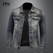 Fried street motorcycle denim jacket men Korean trend spring and autumn Europe and America casual large size men denim jacket slim