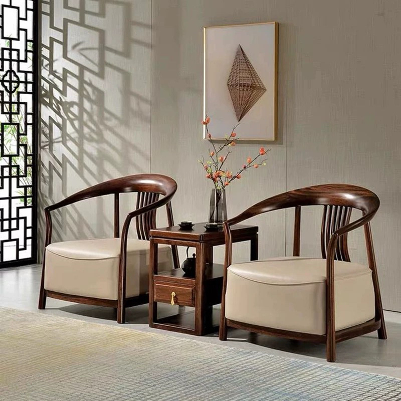New Chinese Style Leisure Chair Three-Piece Set Ebony Wood All Solid Wood Single Sofa Chair Hotel Villa Living Room Balcony Armchair