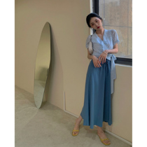Lu Qingyi solid color skirt womens summer new high waist thin a word in the long retro elastic waist skirt