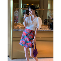 Lu Qingyi summer new color A-word hip short skirt womens wild thin jacquard high waist casual skirt