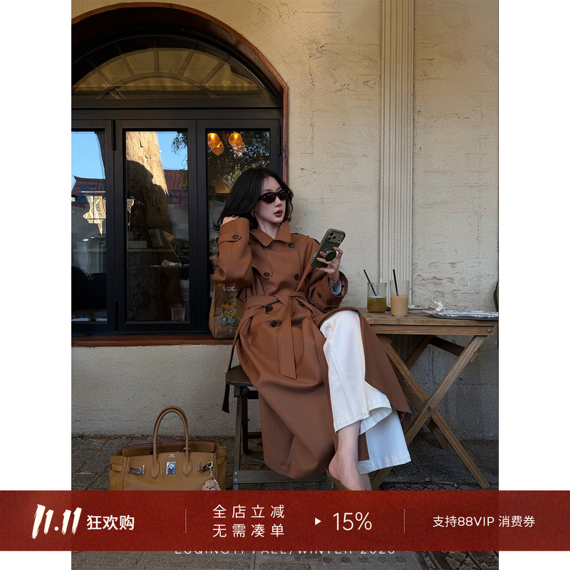 Lu Qingyi Original [Half Sugar] Classic Silhouette Twill Trench Coat for Women, Autumn Turn-Down Collar Long Double-Breasted Jacket