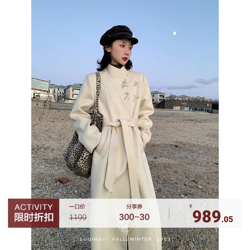 Egret green one (butterfly orchid) 80 100 100 wool big coat woman autumn winter new Chinese embroidered double-sided fur coat-Taobao