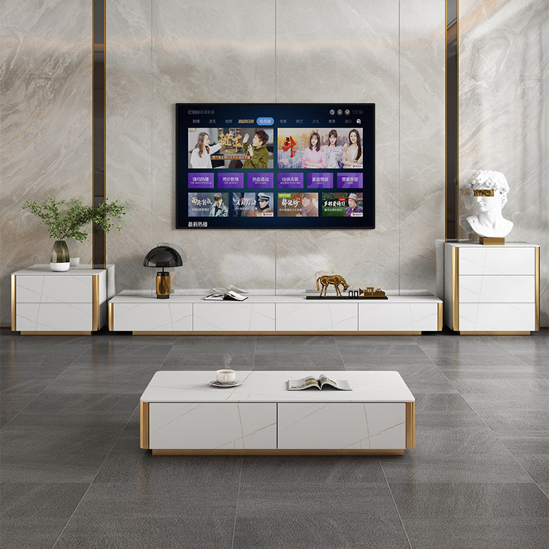 Rock slab solid wood coffee table TV cabinet combination light luxury style simple living room round corner storage floor cabinet small apartment platform