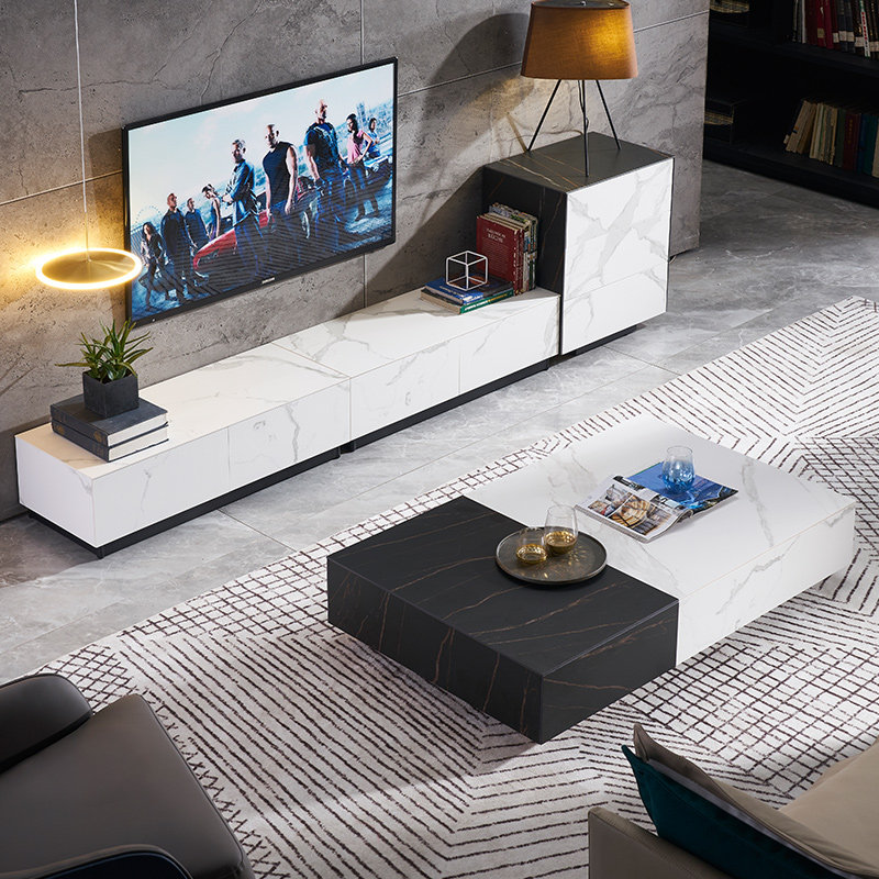Italian minimalist rock slab TV cabinet coffee table combination modern light luxury living room square color matching tea table small apartment floor cabinet