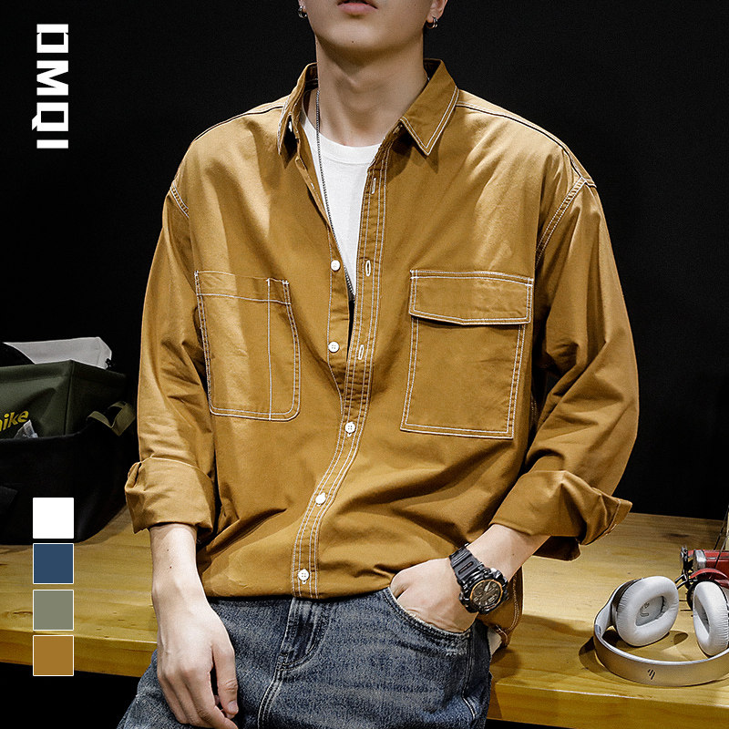 Spring autumning-line multiple bags American retro casual long sleeve shirt male tide ins loose men's spring shirt jacket
