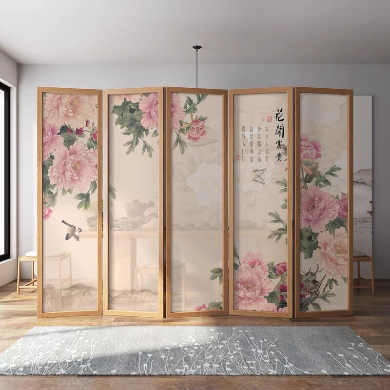 New Chinese-Style Folding Screen, Movable Solid Wood Folding Partition for Living Room, Entrance, Bedroom, Hotel, Office, Transparent Peony Design