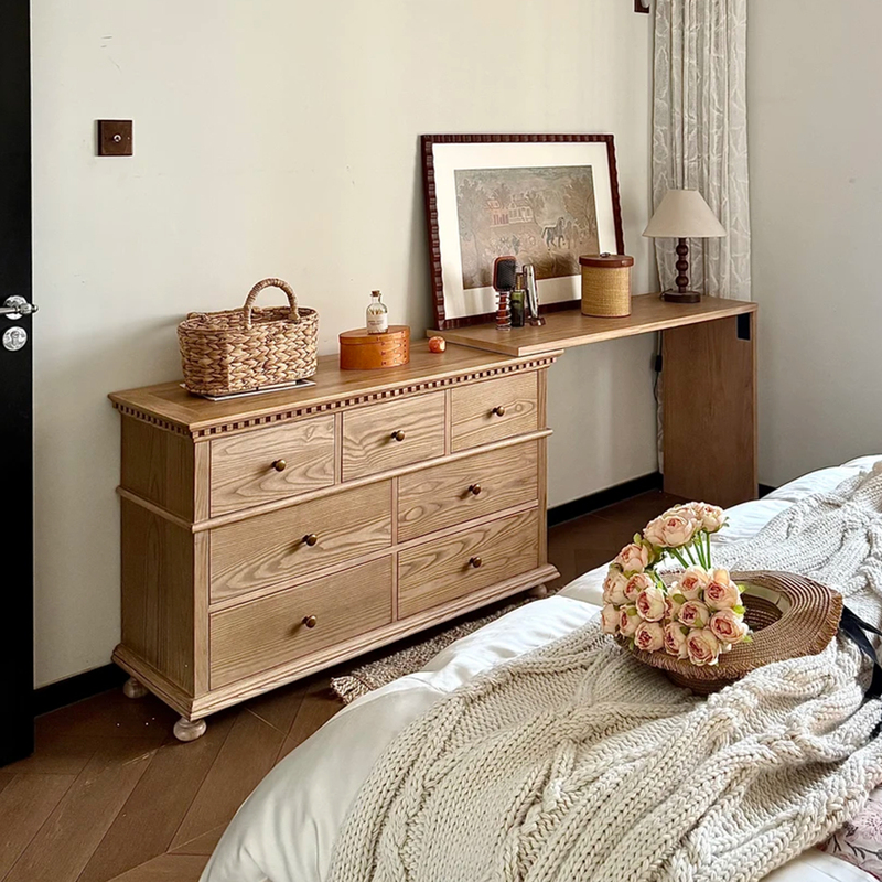 French-Style Retro Solid Wood Retractable Multi-Functional Storage Cabinet Bedroom Storage Cabinet Chest of Drawers Light Luxury High-End Drawer Desk