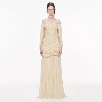 Kliou Gentle and Atmospheric Retro Off-Shoulder Dress for Women, Niche Pleated Slimming Long Dress for Trendy Girls