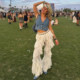 Music festival hottie bi wears ruffled high-waisted casual pants