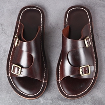 European and American retro handmade leather slippers first layer cowhide casual mens shoes outdoor slippers breathable sweat absorption