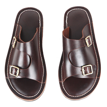 3516 factory handmade dark brown leather slippers retro words slippers home casual breathable antibacterial cowhide