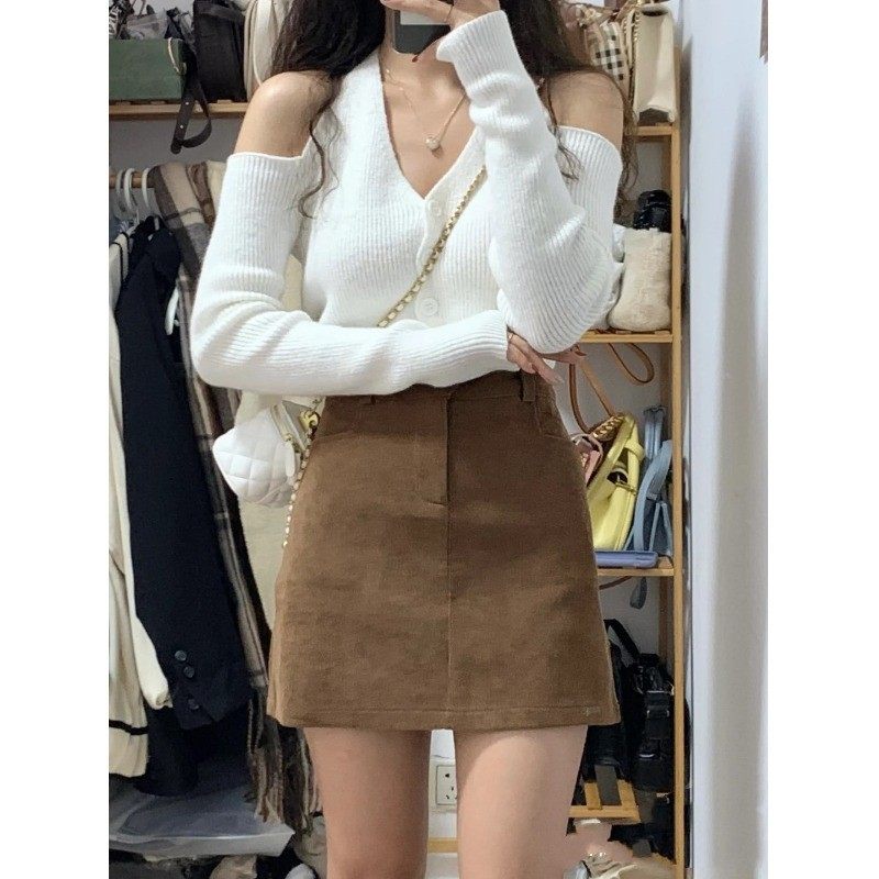 White strapless sweater denim skirt two-piece set Hong Kong style retro Net red fried street little hot girl dress autumn