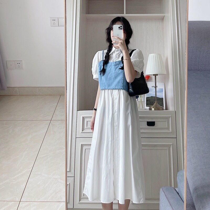 The French style design sensation small crowd of salt can be sweet little fresher teenage girl first love sweet and white bubble sleeve foreign dress suit