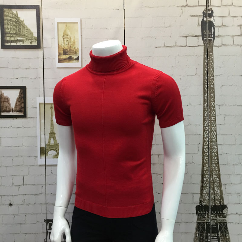 Red Winter Men's Short-Sleeved Sweater Korean Style Slim High-Neck Sweater Youth Base Shirt Solid Color Half-Sleeved Knitwear