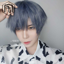 House uprising personality handsome boy short hair Korean version of natural fluffy short straight hair gray blue full head wig spot