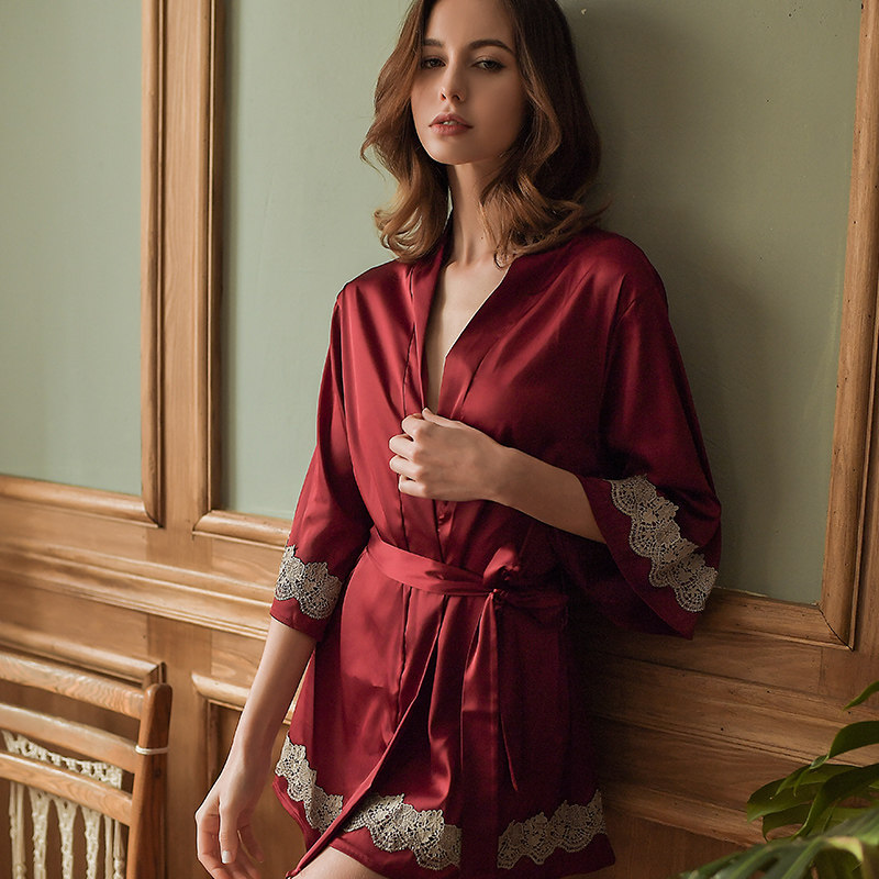 WOMEN SECRET Ice Silk Home Sexy Real Silk Loose Bathrobe Sleeping Dress 70% Sleeves Large Size Silk Pyjamas Woman