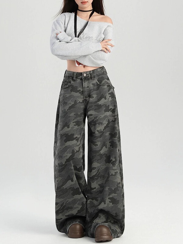 American Style Hot Girl Casual Camouflage Wide-Leg Jeans for Women, High-Waisted Loose Straight-Leg Pants with a Sense of Design American Style Hot Girl Casual Camouflage Wide-Leg Jeans for Women, High-Waisted Loose Straight-Leg Pants with a Sense of Design