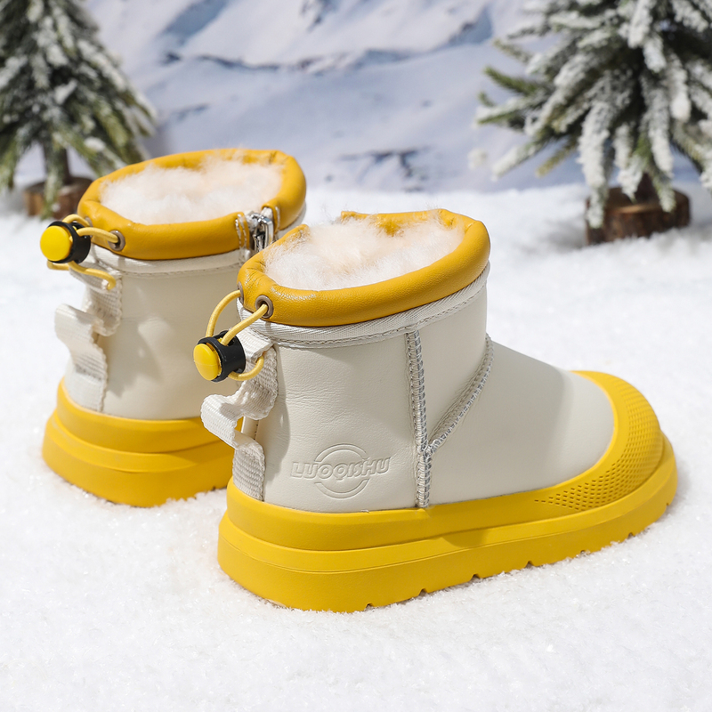 Children's Snow Boots with Integrated Fur, Thickened for Winter, Warm, Waterproof, Non-Slip, Thick-Soled Mid-Calf Cotton Boots for Boys and Girls