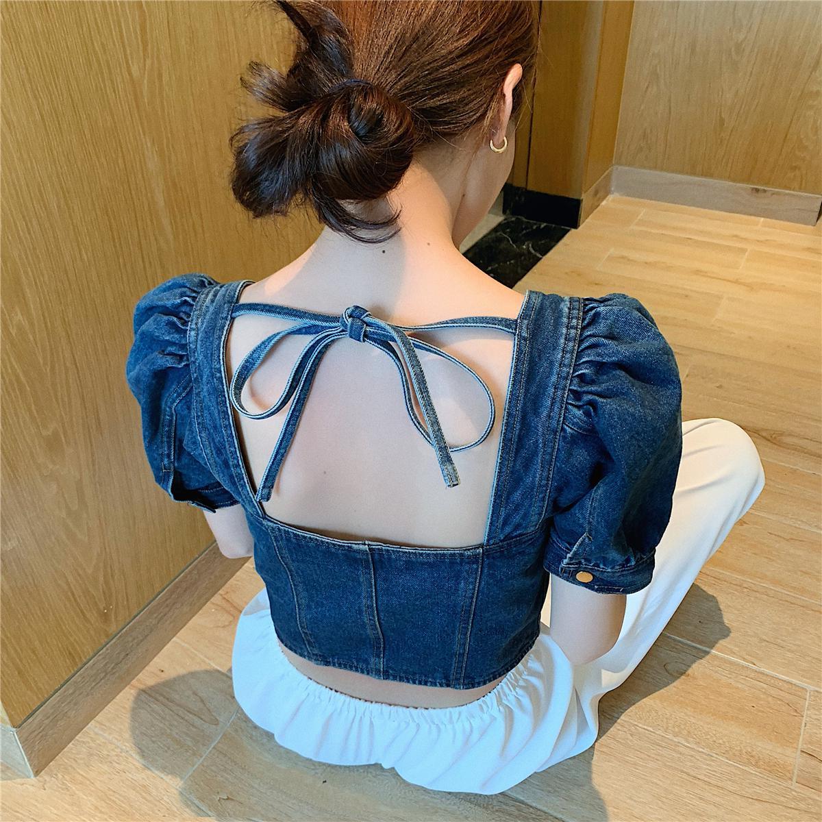 Sensation cổ bong bóng tay áo denim ngắn mở đầu rốn nữ thân Xia Xiu mỏng đám đông nhỏ lại zip-up áo sơ mi 2020