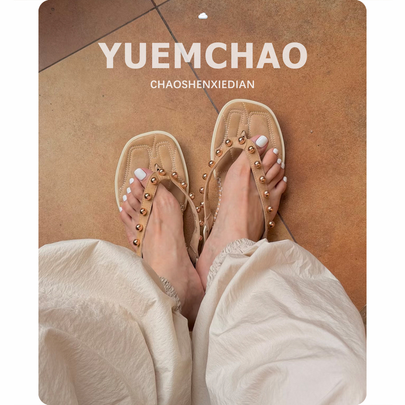The Same Style as Yours~ Beach Flat Flip-Flops, Thong Sandals, 2026 Summer New Model, Genuine Leather, Pearl Studded, Square Toe The Same Style as Yours~ Beach Flat Flip-Flops, Thong Sandals, 2026 Summer New Model, Genuine Leather, Pearl Studded, Square Toe