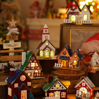 Glowing Creative Snow Scene Christmas Desktop Ornaments DIY Christmas Decorations Christmas Wooden House Pendants